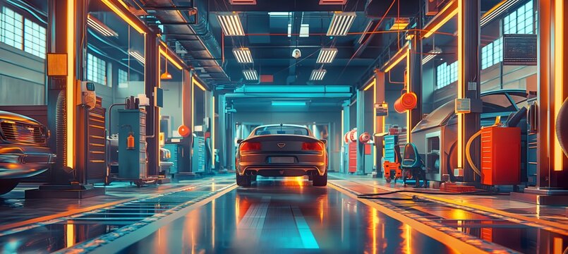 Autowerkstatt mit viel Werkzeug und Autos zur Reparatur, Konzept Automechaniker, Schrauber
