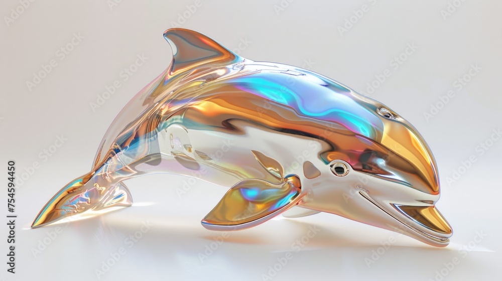 Poster holo abstract 3d form in the shape of a pearlescent transparent dolphin. ai generative.