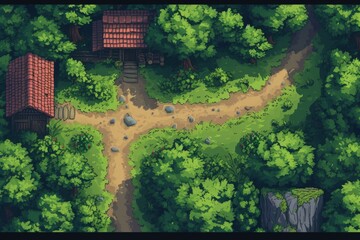 pixel map forest in the game. Pixelated forest for game map. pixelated forest maps in the game. Pixel art concept of forest. pixelate village on game maps.