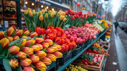 Fototapeta na wymiar Colorful flowers displayed on sidewalk shelf at local market