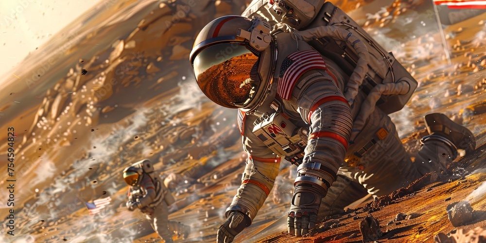 Poster astronauts nailing usa flags to the mars surface. generative ai.