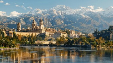 Fototapeta premium View of classic Spanish architecture with stretching mountains in the background