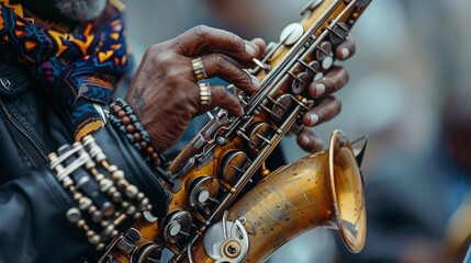 Jazz festivals and outdoor concerts featuring saxophonists - obrazy, fototapety, plakaty