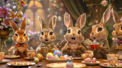 Bunny family gathering around an exquisitely decorated Easter dinner table.