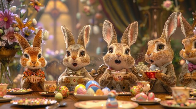 Bunny family gathering around an exquisitely decorated Easter dinner table.