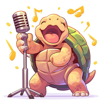 Cute Tortoise Singing Using a Mic. Vector Illustration PNG Image