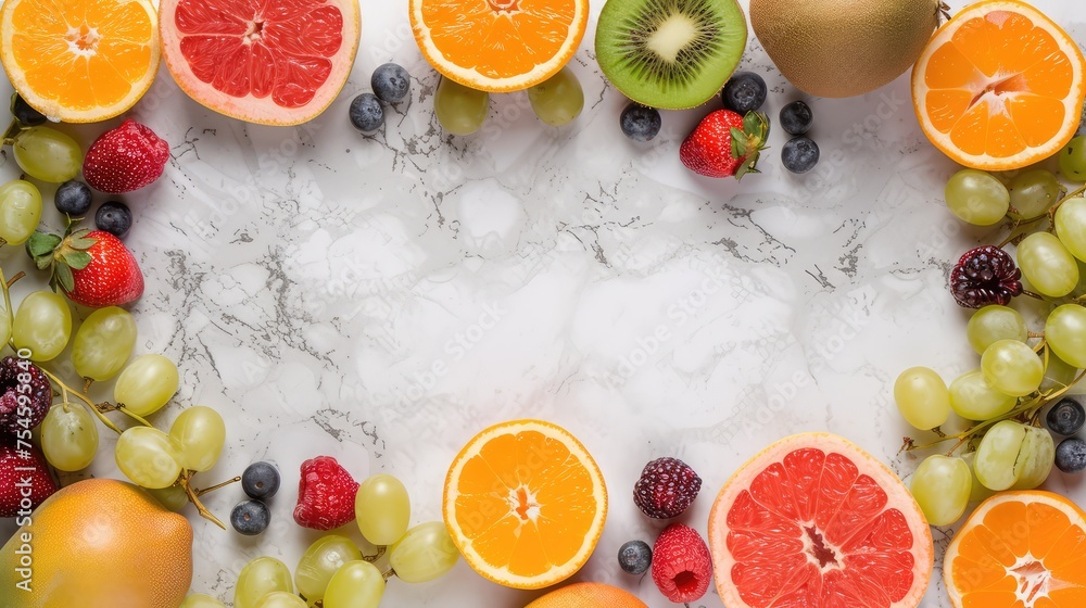 Poster fruit frame on a marble table background. ai generative.