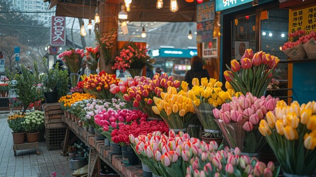 Colorful flowers displayed on table in city flower shop