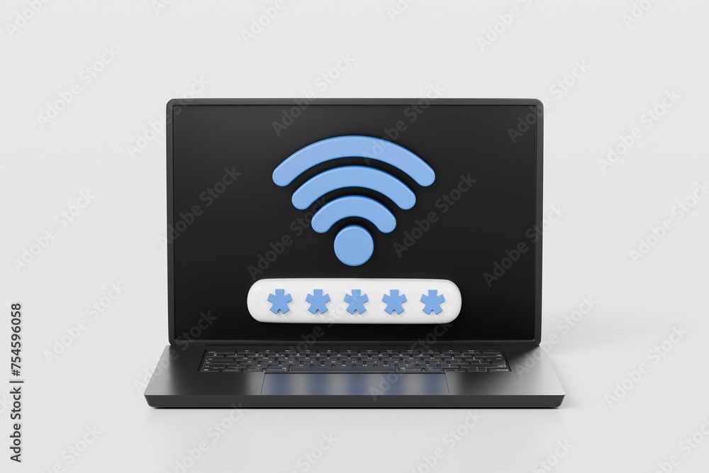 Poster 3d laptop computer device with wireless connection password sharing network. hotspot access point fo