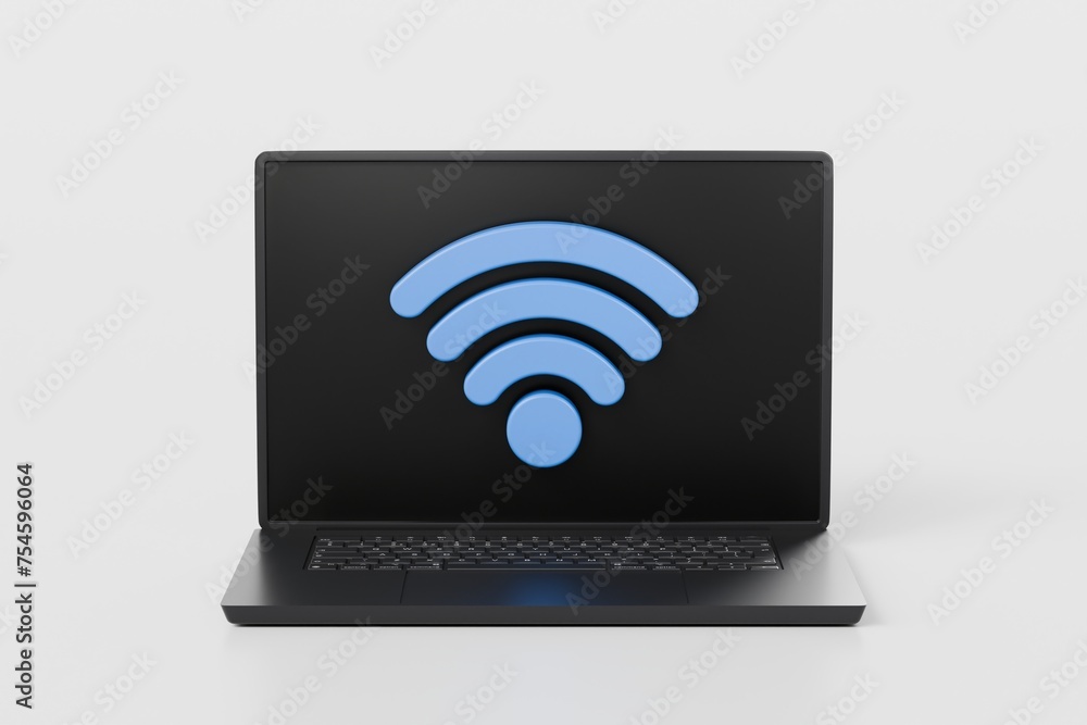 Poster 3d laptop computer device with wireless connection password sharing network. hotspot access point fo