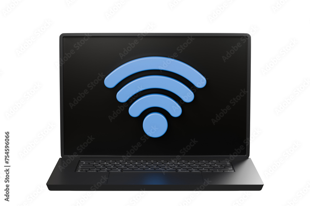 Poster 3d laptop computer device with wireless connection password sharing network. Hotspot access point for digital and online coverage. Broadcasting area with Wi-Fi signal icon. 3d rendering illustration.