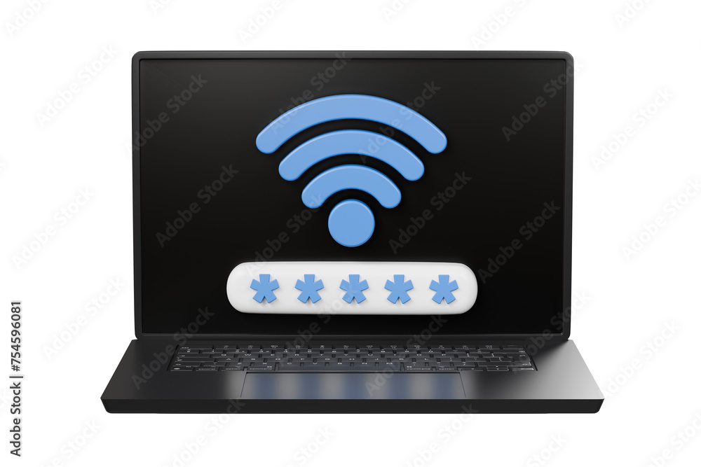 Poster 3d laptop computer device with wireless connection password sharing network. hotspot access point fo