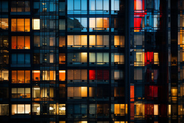 Close-Up View of Lit Office Building Windows at Dusk
