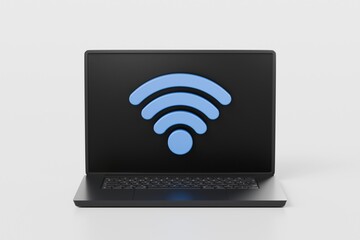 3d laptop computer device with wireless connection password sharing network. Hotspot access point for digital and online coverage. Broadcasting area with Wi-Fi signal icon. 3d rendering illustration.