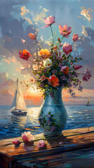 A plant in a vase painted with flowers next to boats under a cloudy sky