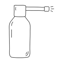 Sore throat spray bottle, cold and flu medication element, doodle vector outline for coloring book