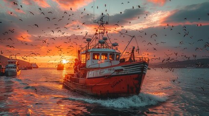 Boat on water at sunset, with sky, clouds, and horizon blending into dusk - obrazy, fototapety, plakaty