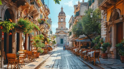 A charming city street with outdoor seating and a church in the background