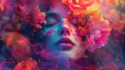 Mysterious sensual woman with makeup with lots of colorful flowers surrounded by smoke. Glamor creative portrait of a woman with closed eyes. - obrazy, fototapety, plakaty