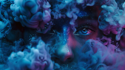 A mysterious woman with glitter makeup and open eyes, shrouded in the background of blue smoke. - obrazy, fototapety, plakaty