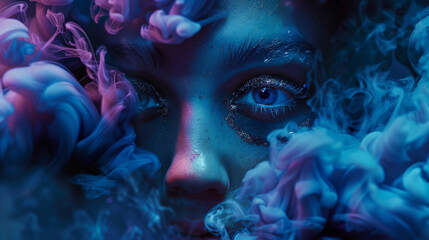 A mysterious woman with glitter makeup and open eyes, shrouded in the background of blue smoke. - obrazy, fototapety, plakaty