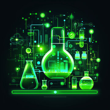 A green and blue image of a lab with a green beaker in the center