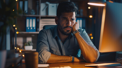Fototapeta na wymiar Stressed or Concerned Professional Man Working from Home