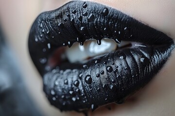 Weibliche Lippen mit schwarzem Lippenstift und Spikes, Konzept Horror, Punk, Metal - obrazy, fototapety, plakaty