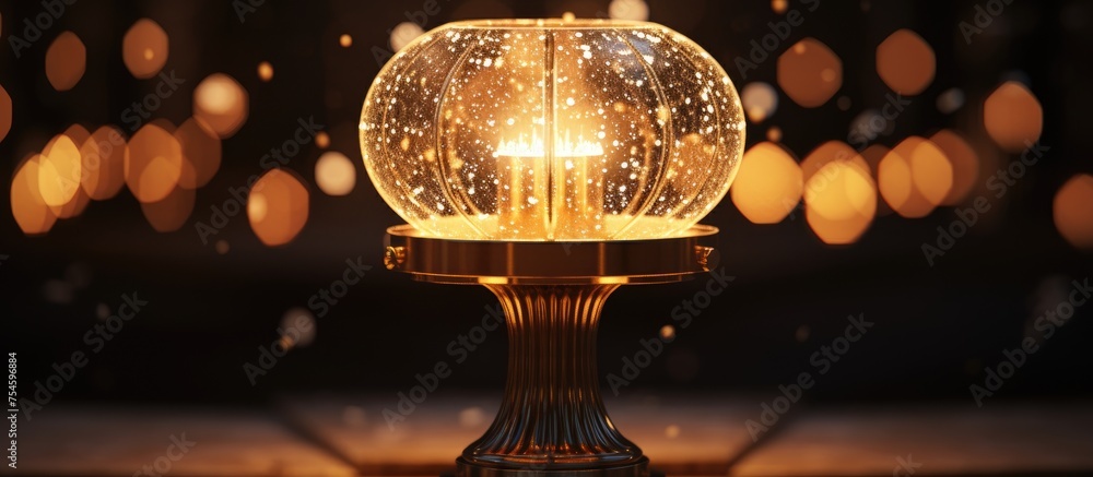 Poster a circular lamp with a glittering and shining base is placed on top of a table, casting light in the