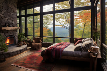 Cozy Mountain Cabin Interior with Fireplace and View