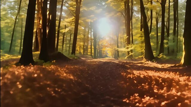 Autumn forest pathway with golden leaves and sunlight streaming through trees.