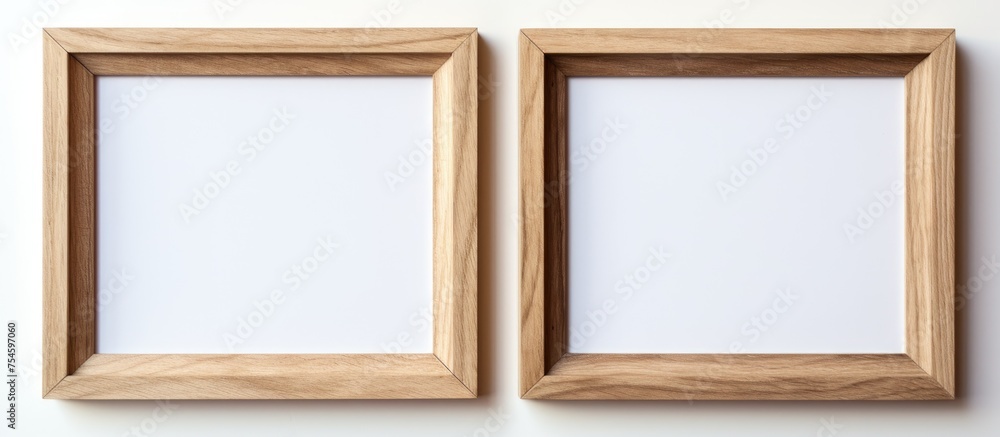 Poster two wooden frames are seen hanging on a white wall. the frames are empty and showcase a simple yet e