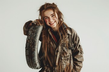 Young beautiful woman with a car tire on a white background. Gender equality concept, woman in a male-dominated profession and specialty, in male workwear, at an auto repair station