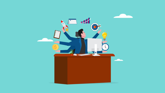 professional businessman manage multiple project at the some time work with computer, multiple project management concept illustration, juggle multiple project concept, multitalented worker concept