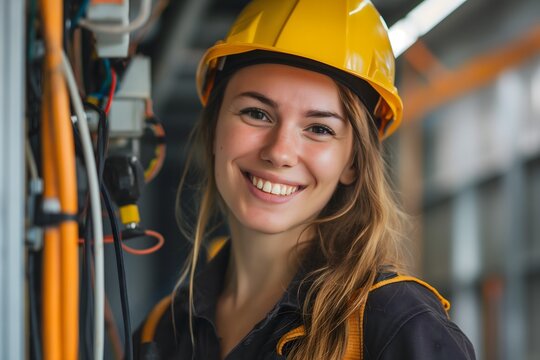 Weibliche Elektrikerin bei der Arbeit, Konzept Frauen im Handwerk