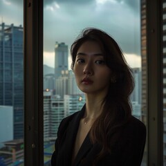 Young Asian woman against the backdrop of panoramic office windows. AI generative.