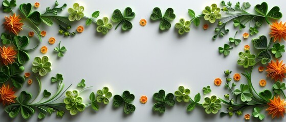 St. Patrick's Day card template with copy space, paper shamrocks and flowers on a white background. Suitable for party invitations and banner designs