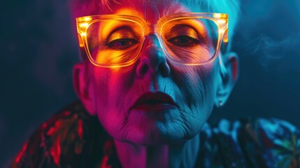 Creative old lady with colorful short hair and glowing glasses. AI generative.