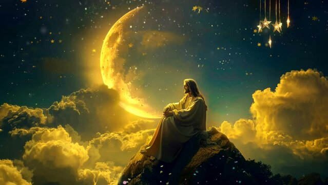 Night Sky Majesty: Lord Jesus' Serene Presence on a Beautiful Cloud. Seamless looping time-lapse virtual 4k video animation background