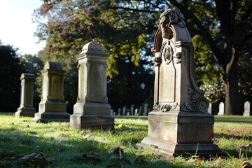 Historic gravestones bathed in soft sunlight in a serene cemetery setting.