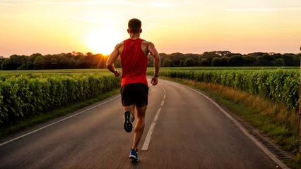 Foto auf Glas Runner athlete running on country road at sunset. man fitness jogging workout wellness concept, running, runner, jogging, sport, athletic, fitness, exercise, jogger, sportswear, athlete, training © woollyfoor