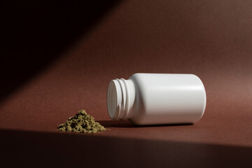 Mockup Hemp Protein Powder, White Bottle On Brown Background. Nutritional Supplement, Plant-based Protein. Organic Green Super Food, Healthy Lifestyle. Horizontal Copy Space For Text. Hard Shadow