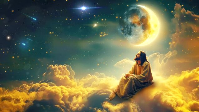 Divine Nightfall: Lord Jesus Enthroned on a Heavenly Cloud. Seamless looping time-lapse virtual 4k video animation background