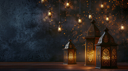 Glowing lanterns on dark Ramadan Kareem background with text area, in the night fantasy ornate minaret illuminated, concept holiday banner theme decorated defocused dark navy backdrop illustration