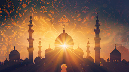 Islamic greeting card with intricate arabesque pattern and mosque silhouette greeting card, holy month of Muslim Ramadan, invitation, modern minimal design concept ornament wallpaper Mubarak Eid al - obrazy, fototapety, plakaty