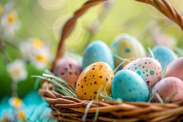 Close up colorful Easter eggs in a basket. Happy Easter