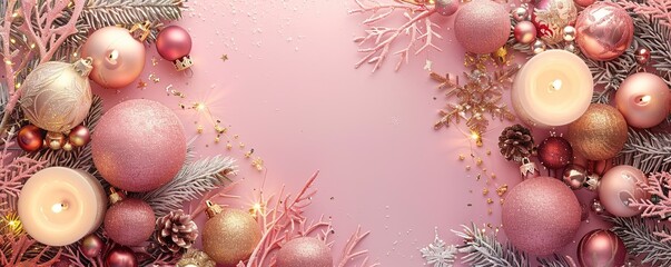 Premium Pastel Pink and Gold Christmas Background. Seasonal Decorations with Candles
