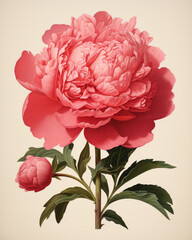 Vintage peonies botanical illustrations with delicate details on solid cream background