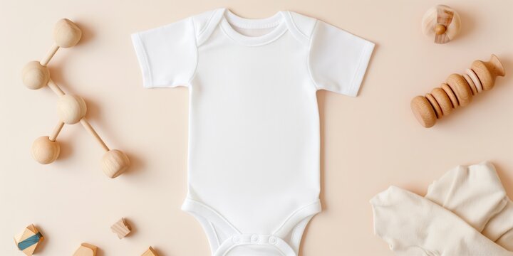Elegant white short sleeve baby bodysuit and fluffy teddy bear on a creamy fabric backdrop, adorned with dried pampas grass, evoking a serene nursery setting.
