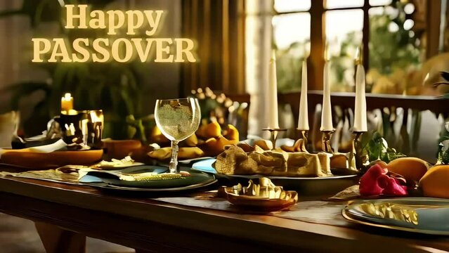 Seder plate on the wood table with Happy Passover text greeting. Suitable for Happy Passover videos.